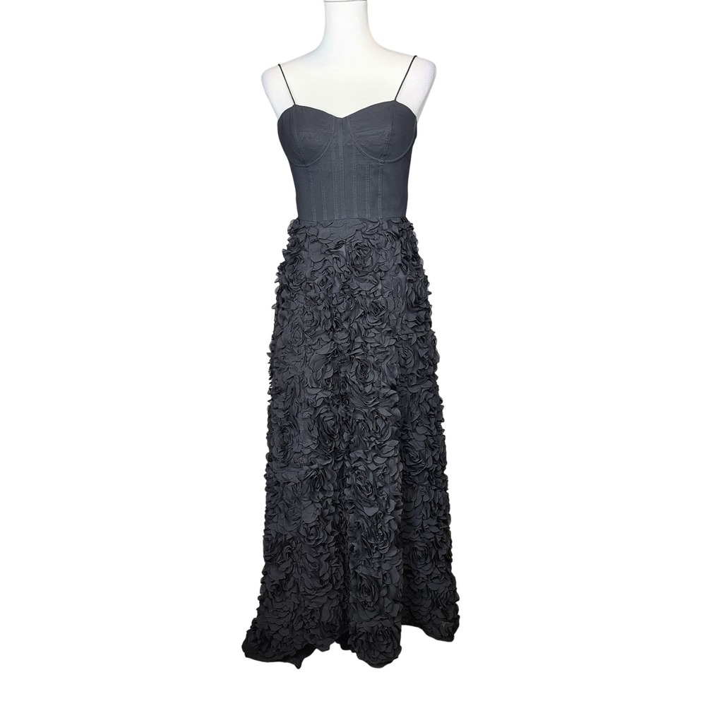Aidan Mattox Corset Gown Dress Women 0 Black Floral Rosette Wedding Prom Pageant